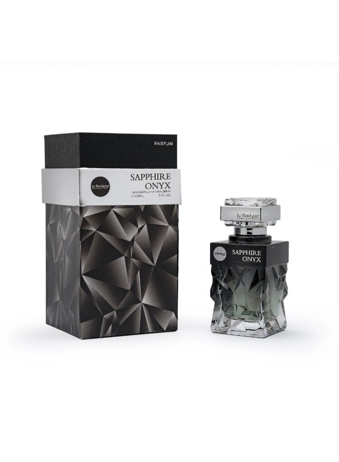 Le Bonheur Perfumes, Sapphire Onyx Eau De Parfum 100ml, Luxury Unisex Perfume, Long Lasting Fragrance, Woody Leather Amber Oud Saffron Cardamom Patchouli Cedar, Premium Oriental Scent, Elegant Gift for Women and Men - Image 1